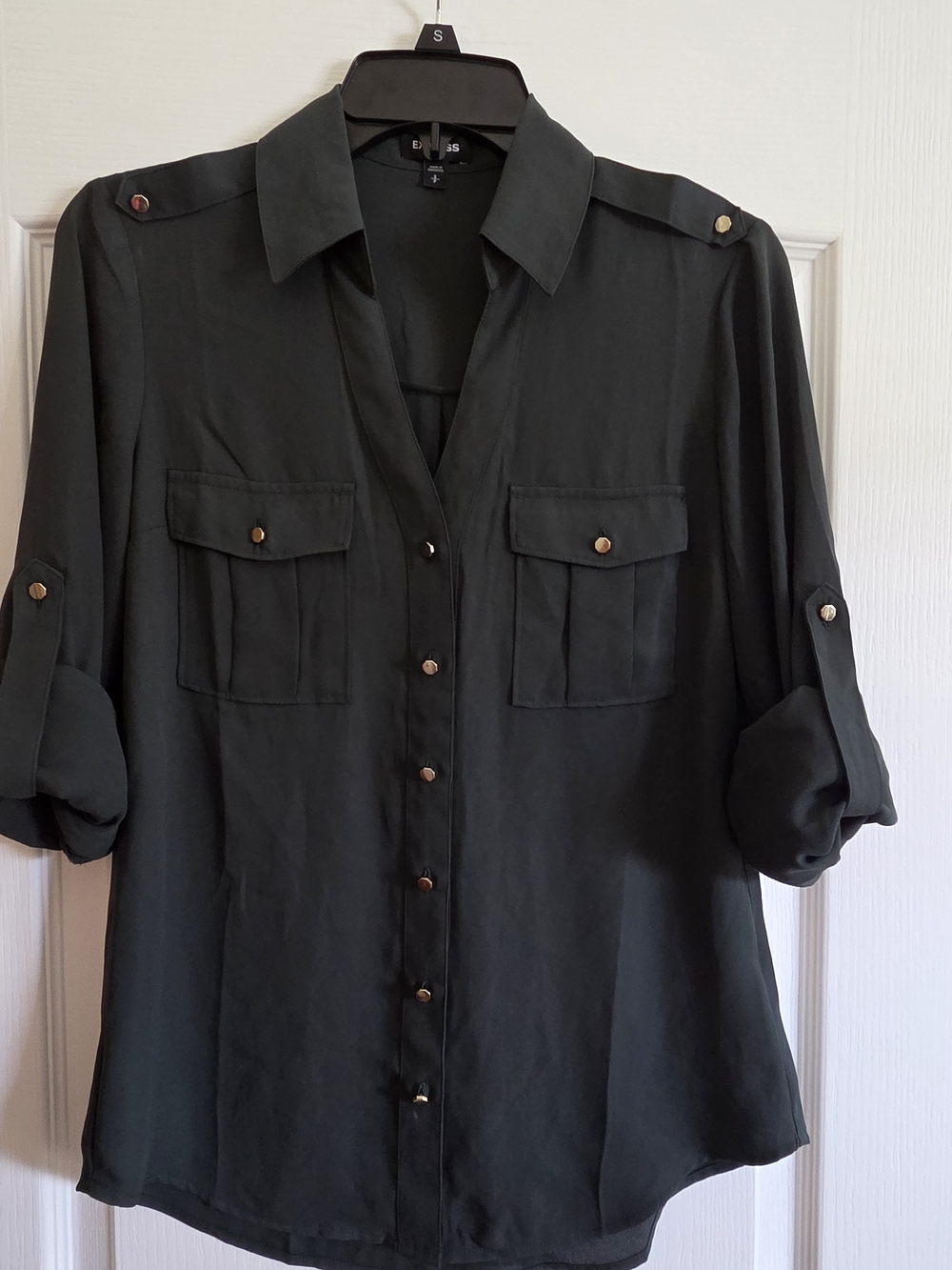 Express Dark Green Roll-Tab Button Front Utility Blouse